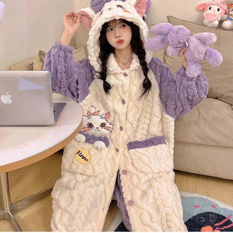 Outono e Inverno Novo Pijama Fofo com Capuz Castorzinho Veludo Coral Pijama de Inverno Feminino Conjunto de Pijama Feminino