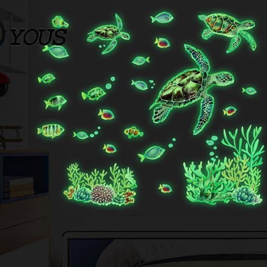 Glow In The Dark Undersea Stickers Ocean Wall Stickers, Luminous Sea Turtles Tropical Fish Coral Glowing Marine Life Reefs Decals,