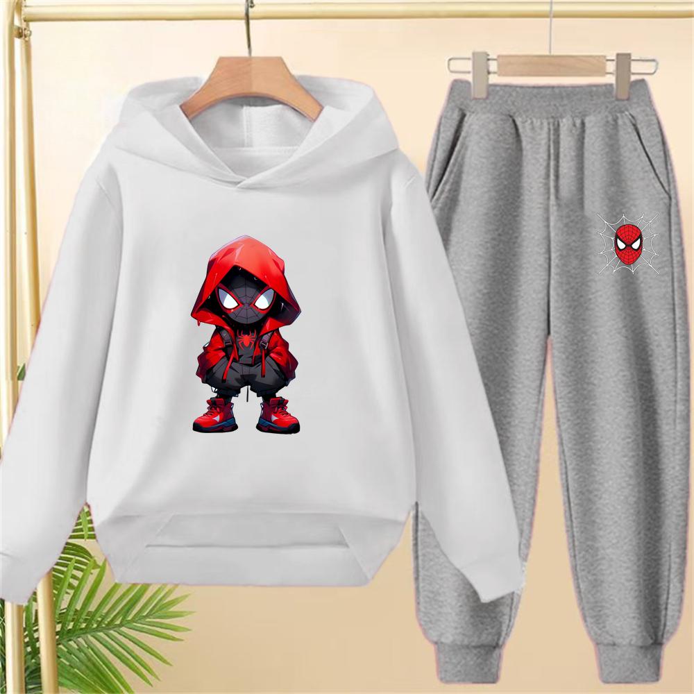 Çocuk Siyah Kapişonlu Örümcek Adam Baskılı Spor Kazak Mont Sweatshirt+Pantolon Erkek Kız Bebek Giysileri Eğlence Seti