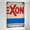 Vintage EXON Metal Tin Sign, Red Bold Letters with Blue Stripe, Rustic Weathered Aged Wall Plaque for Man Cave Bar Home Decor, H