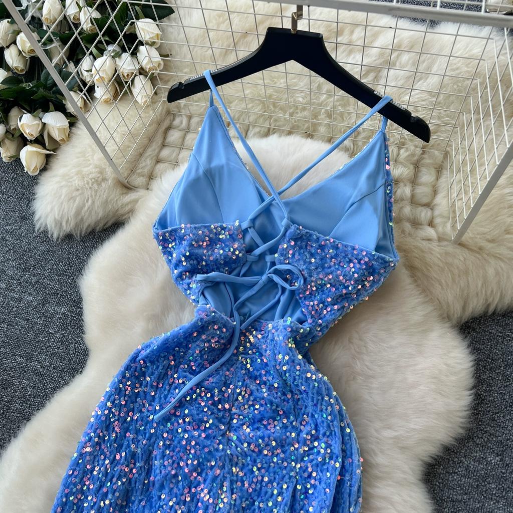 Autumn Winter Women Sexy Spaghetti Strap Open Back Evening Party Dress Sequined Long Maxi Mermaid Christmas Dresses