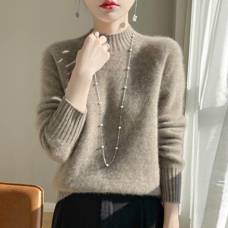 Women's Semi-High Neck Merino Wool Sweater - Autumn/Winter Collection, Versatile Knit Base Layer