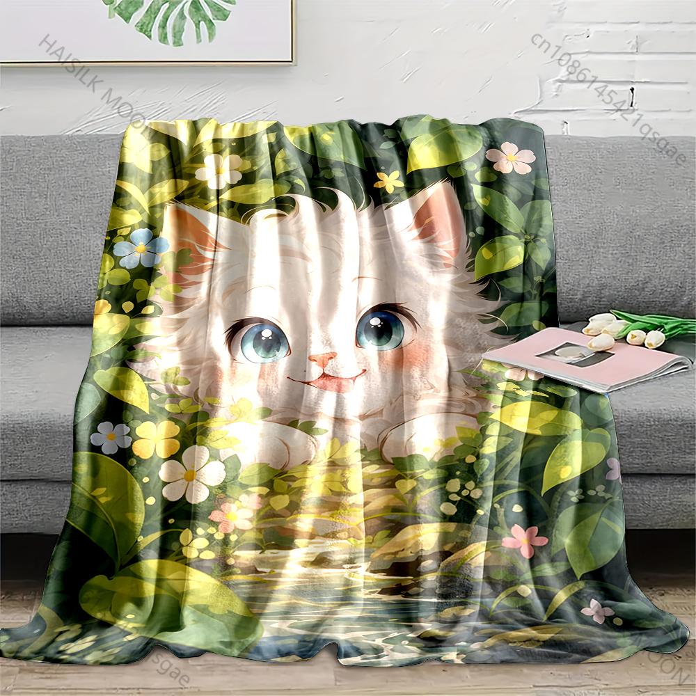 

Multiple sizes White kitten among flowers Blanket Suitable for Home Bedroom Sofa Travel Camping Blanket Various Sizes for Gifts 75x100cm