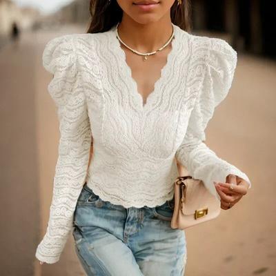 Coreano crochê camisa curta moda puff manga longa renda com decote em v base blosue feminino manga longa fino ajuste topos elegante 29901
