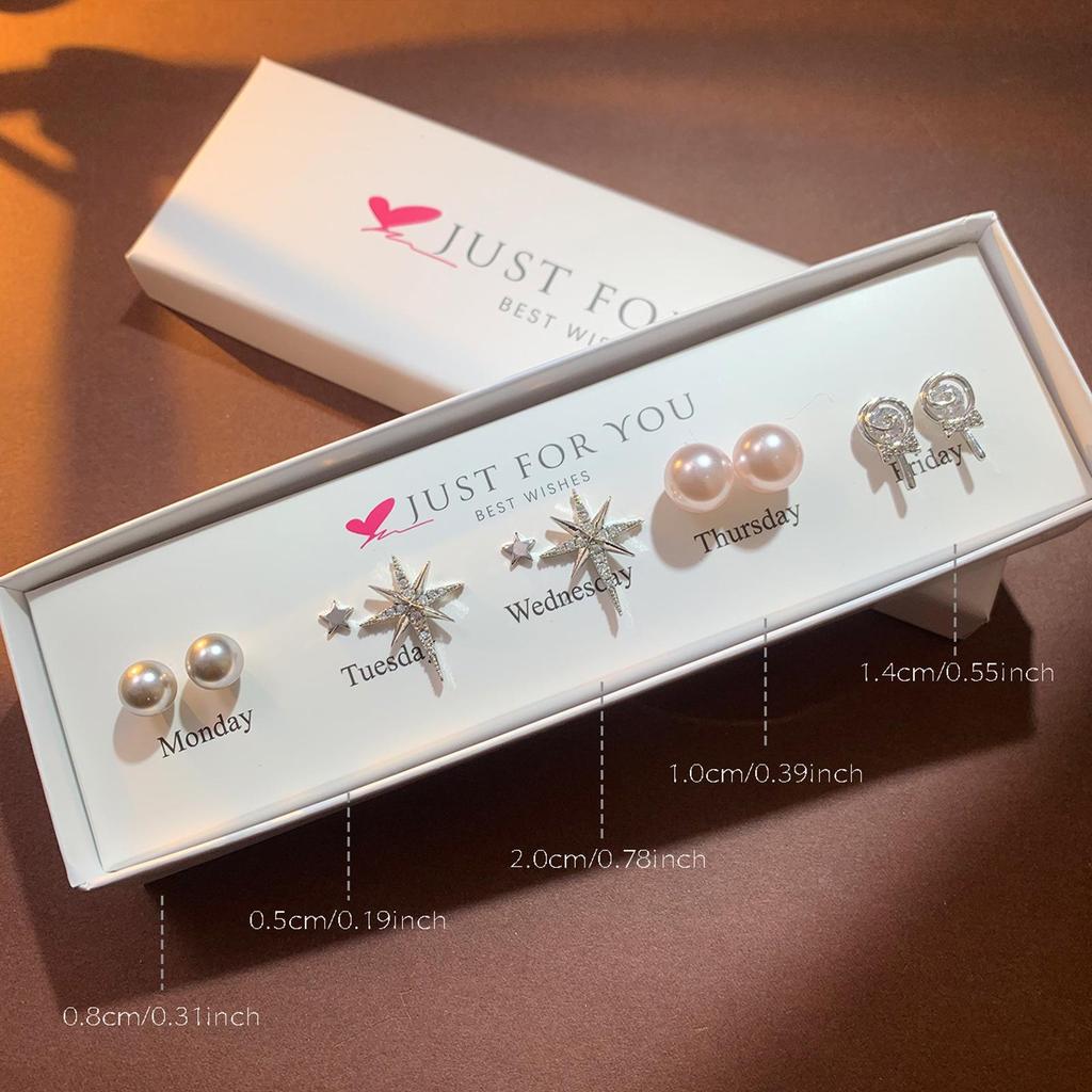 Weekly Earring Set: Flower Zircon Studs, Simple Ear Cuffs, Pearl Tassel French Earrings - 5 Pairs
