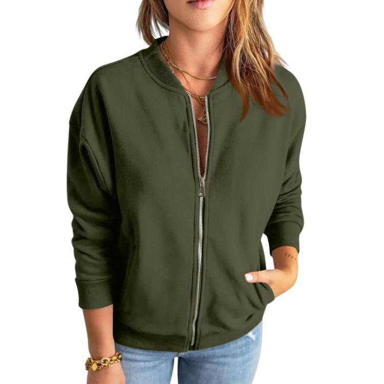 Fashionable Casual Jacket Women Solid Color Zipper Top Outerwear