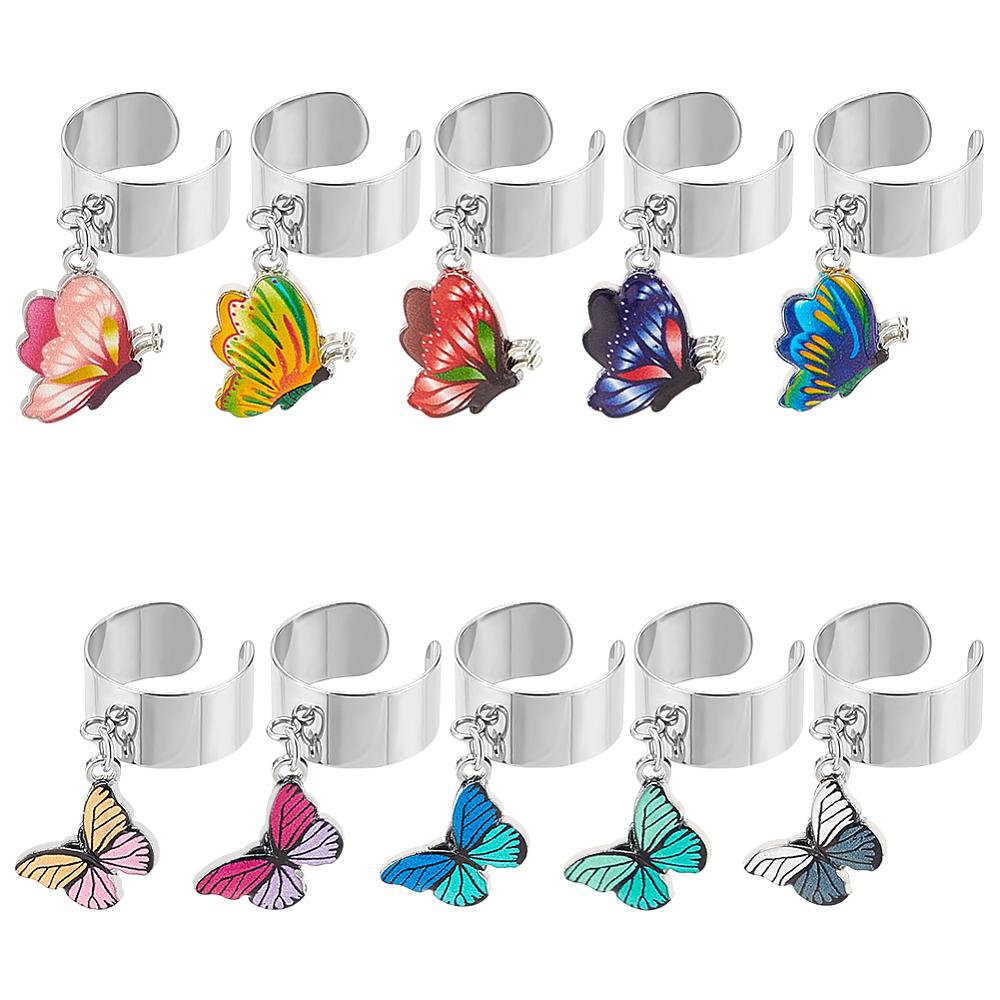 10Pcs 10 Styles 304 Stainless Steel Open Cuff Finger Ring, with Alloy Enamel Butterfly Pendants, Mixed Color, Inner Diameter: 17~18mm, 1pc/style