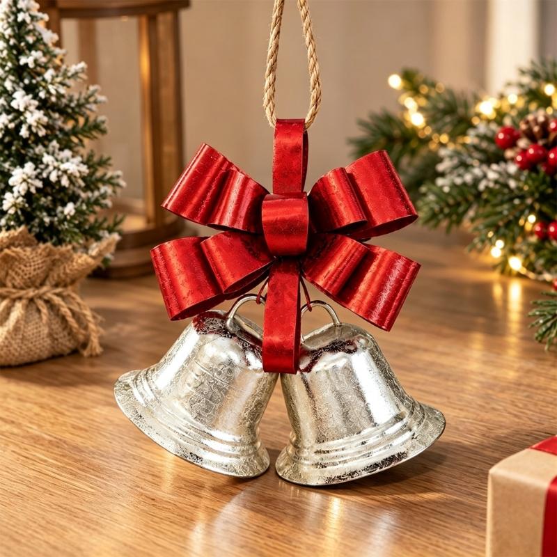 Three-Dimensional Metal Christmas Bowknot Decoration with 2 Iron Bells and Top Hanging Loop for Storefronts and Hotel Lobbies