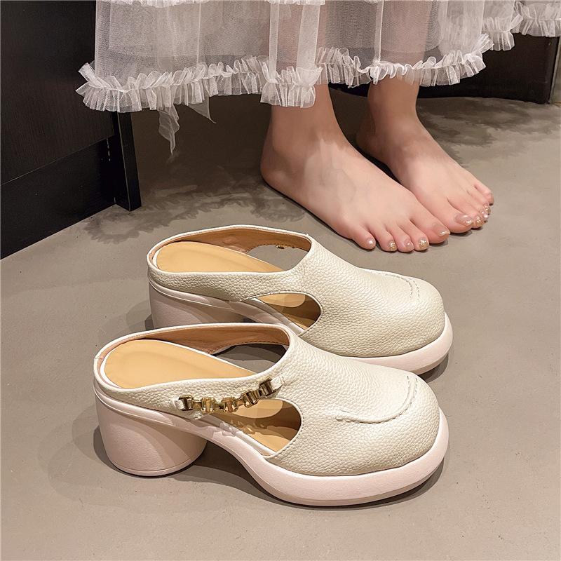Stepping on shit feeling thick-soled soft leather bag head half slippers women's summer wear round head one pedal muller shoes high-heeled cool slipp