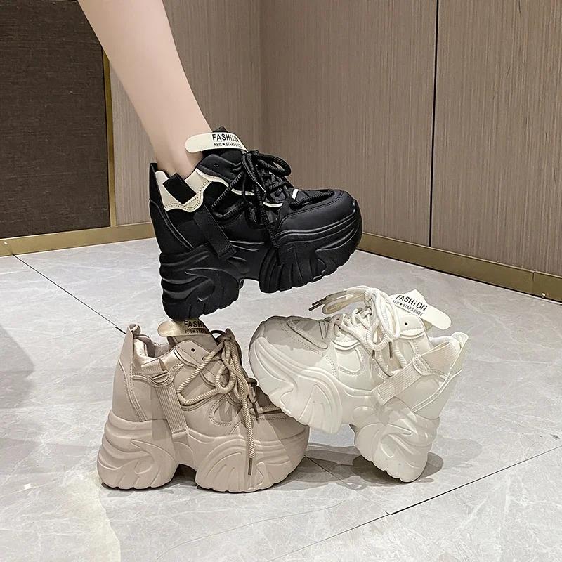 Fashion Women Walking Sneakers Autumn Lace-up High Platform Chunky Shoes Breathable Leather Shoes 10.5CM Winter Wedge Heels Casual Shoes