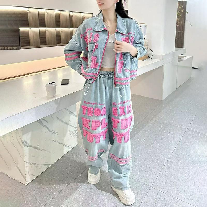 Женский Винтажный Деним Комплект Потертый Свободная Куртка Широкие Брюки Streetwear