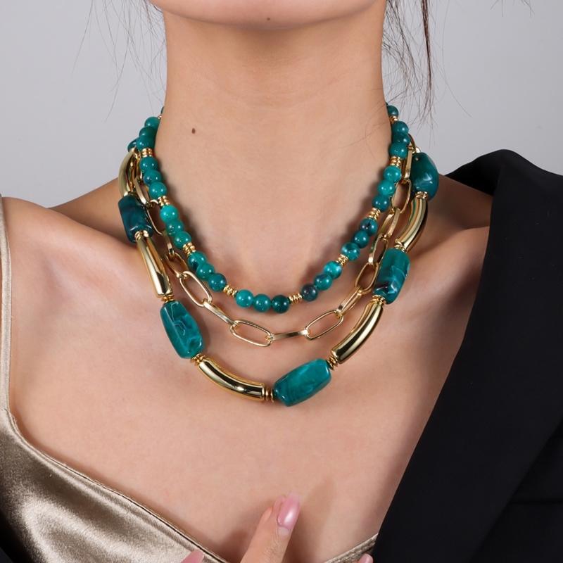 Stylish Geometric Multiple Layer Bead Necklace For Women Fashion Jewelry With Resin Accent Layer Designs For Daily Wear