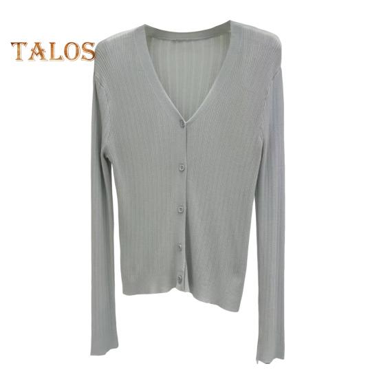 Sun Knit Cardigan for Women Long Sleeve V-Neck Button Up Thin Ice Silk Coat Summer Ribbed Cropped Top for Outdoor Travel Work Beach