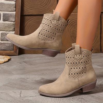 Damen Slipper Chunky Low Heel Westernstiefel - Runde Zehenpartie Synthetikbezug mit unregelmäßigem Ausschnittdesign, Beige Freizeit- & Bürostiefel, Ganzjährig
