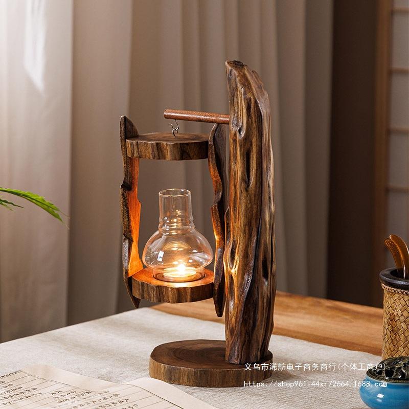 Thai Style Wooden Candle Lantern, Retro Southeast Asian Glass Hurricane Lamp, Outdoor Windproof Feng Shui Decor for Garden