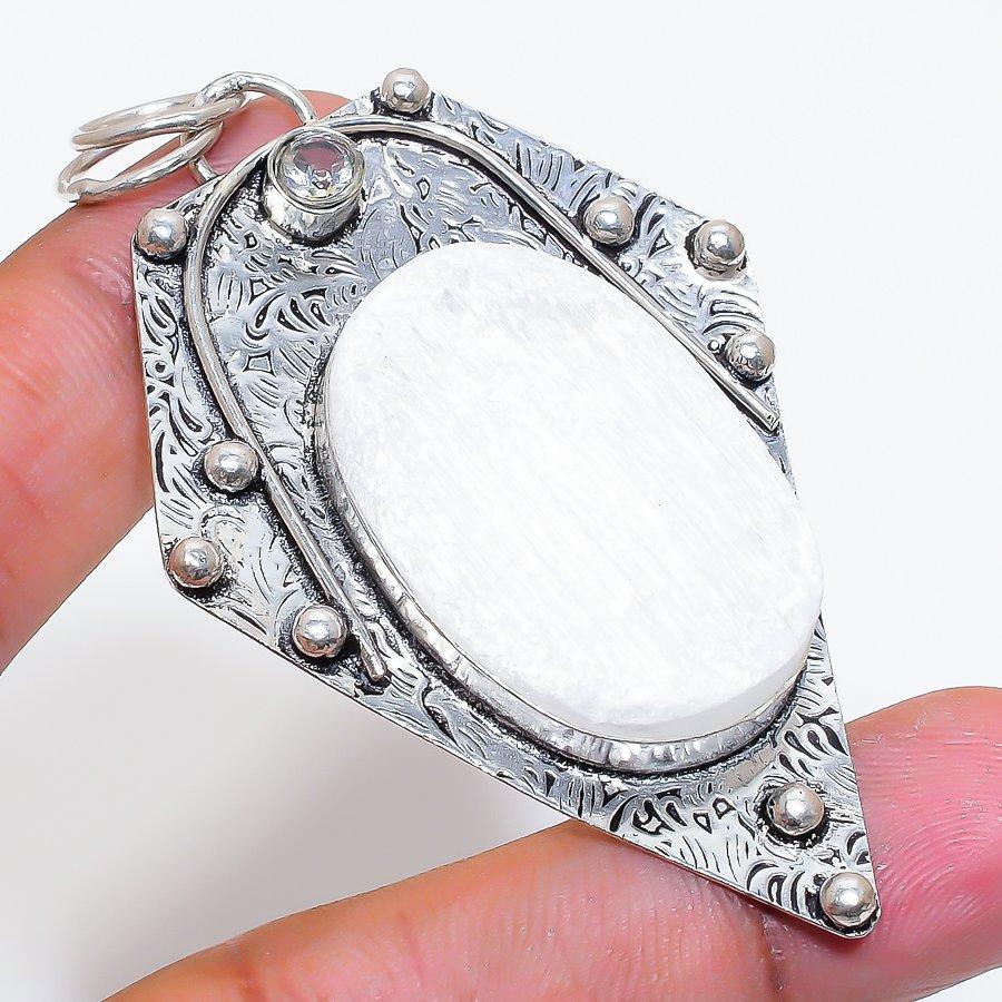 Natural Selenite, Topaz Gemstone 925 Sterling Silver Jewelry Pendant 2.88" ZS-821