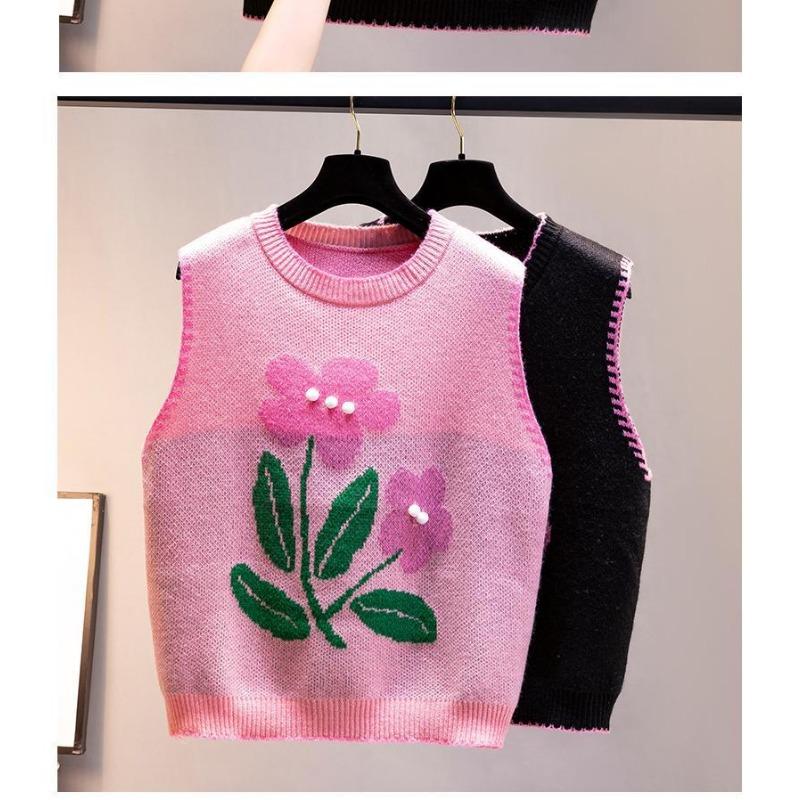 Round Neck Knitted Vest Embroidered Flowers Splicing Color Design Women's Knitted Pullover Sweater Loose Casual Top Autumn
