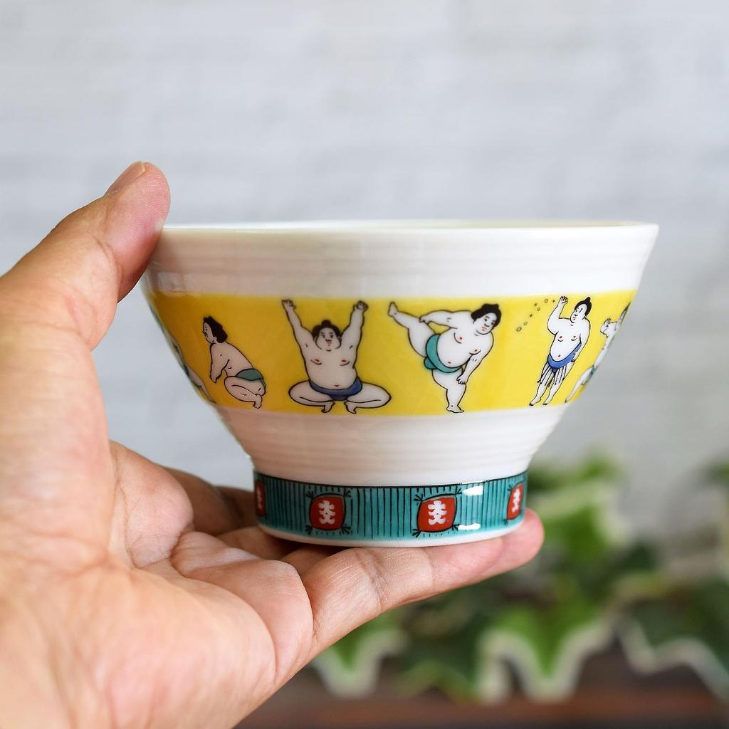 Waza no Kura Kutani Ware Sendan Rice Bowl with Sumo Wrestler Design, Stylish Japanese Tableware, Birthday Gift