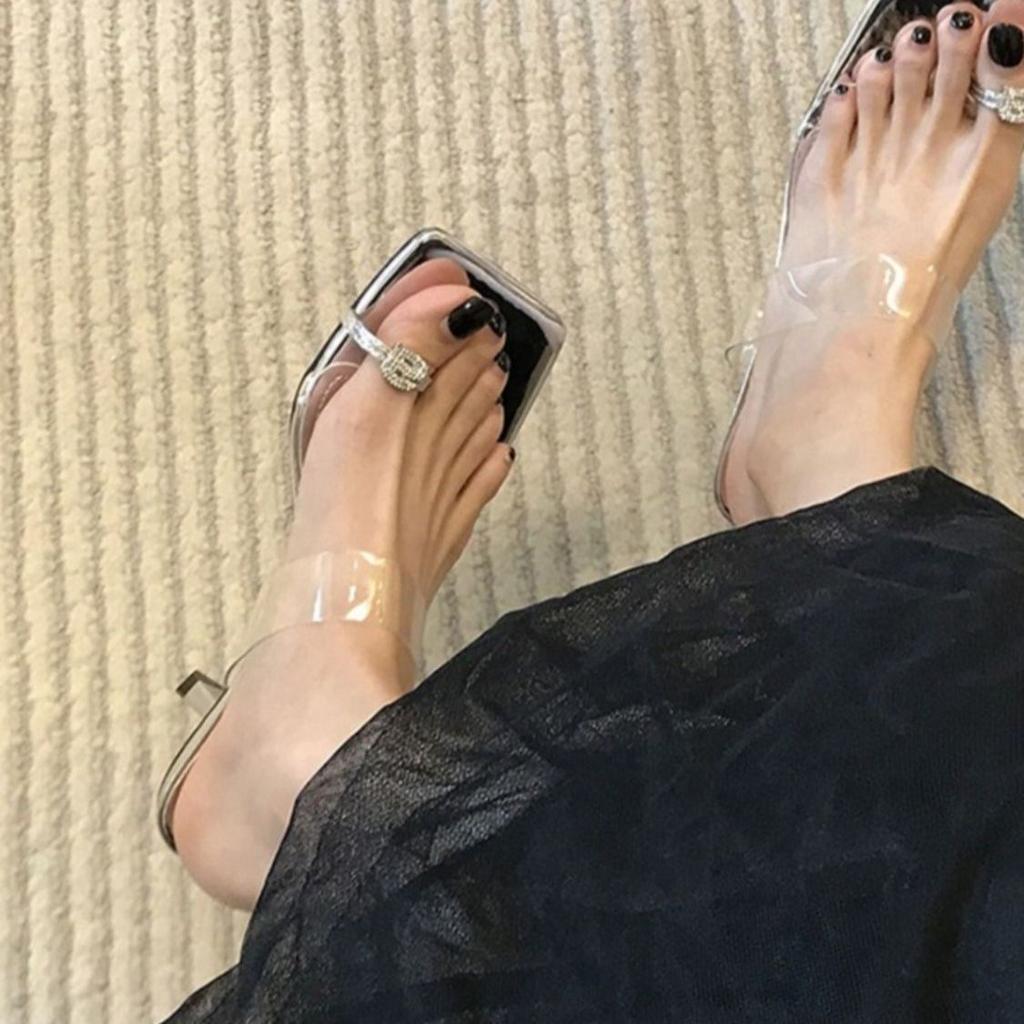 Elegant square head rhinestone pinch feet go out thin heel sandals 2025 spring new transparent belt high heel niche high-end outer wear