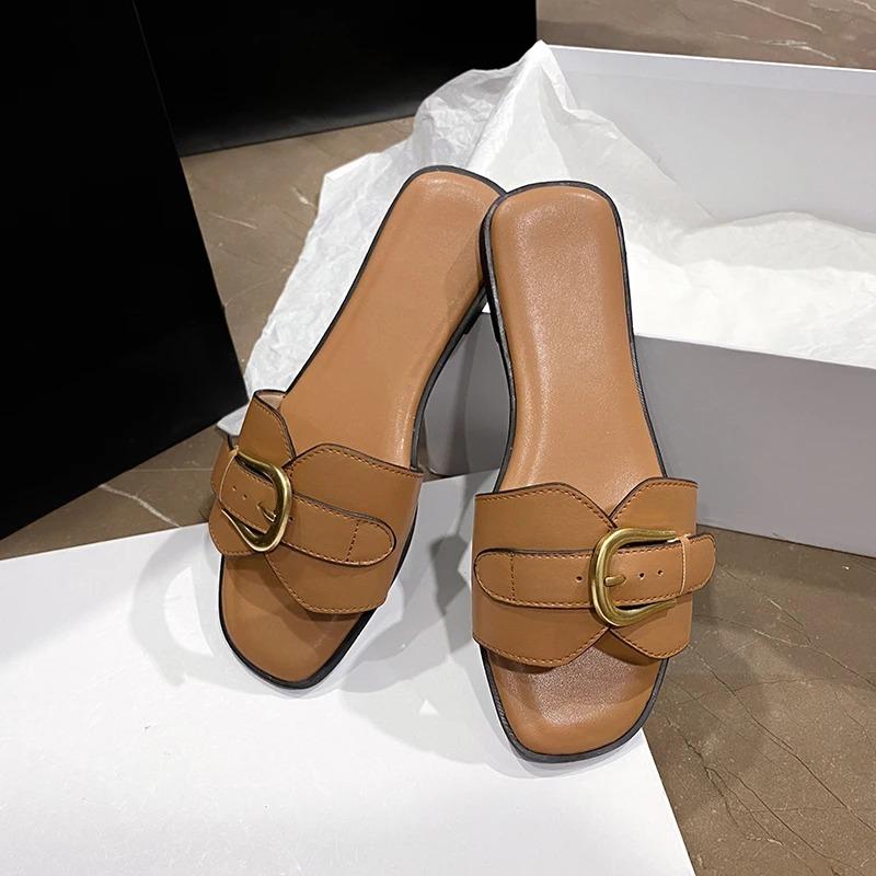 Zapatillas de verano para mujer, chanclas planas de cuero con punta cuadrada, sandalias deslizantes de diseñador para mujer, zapatos de mujer, sandalias de lujo