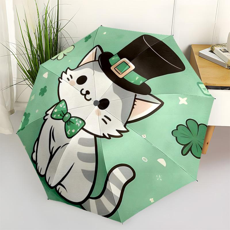 1pc Leprechaun Cat Automatic Folding Umbrella - Compact 8-Rib Design, Durable Plastic & Iron, Lightweight for Outdoor Daily Use140