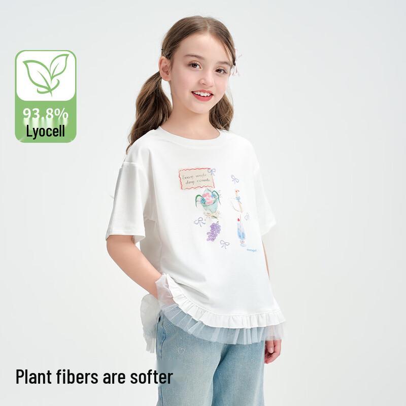 Montagut Girls 2026 Summer Spliced Lace Round Neck T-shirt 140