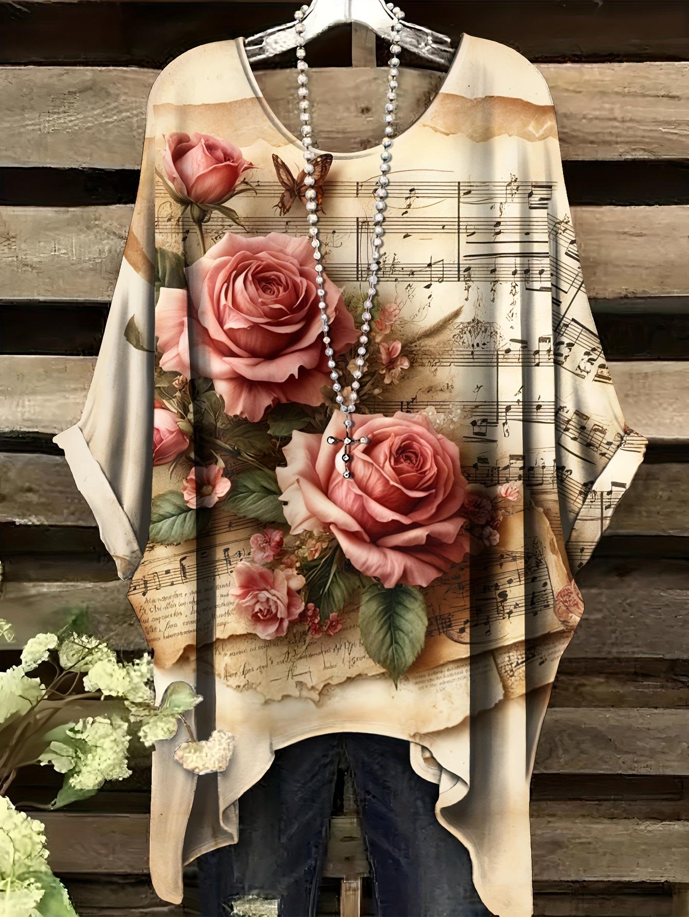 

Plus Size - Women S Plus Size Floral Print T-Shirt - Elegant Rose & Music Note Design 5XL
