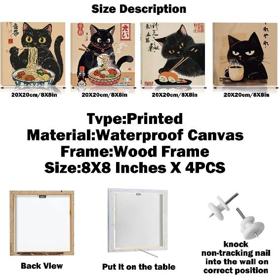4 PCs Kawaii Japanese Ramen Cats Canvas Wall Art Framed Wall Decor, Cat Lover Gifts, Cat Themed Gifts Art Prints Paintings, Pictures Home Decor for