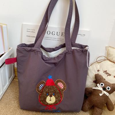 Cute Retro Embroidered Bear Nylon Women's Shoulder Bags Fashion Large Capacity Ladies Handbag Versatile Female Shopping Bag