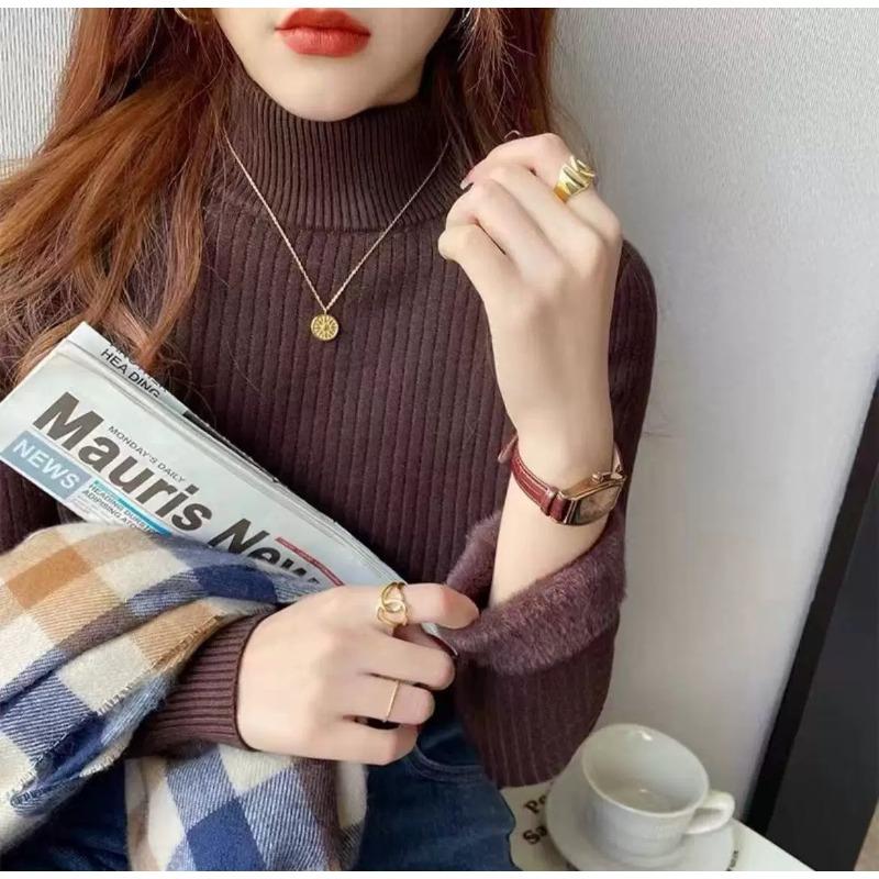 One-piece Fleece Thickened Semi-turtleneck Sweater Female Slim Primer Autumn and Winter New Thickened Fleece Knitted Sweater Solid Color Inner