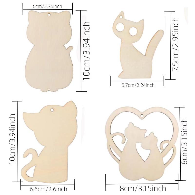10pcs Unfinished Wooden Cat Cutouts With Holes Blank Natural Cartoon Tags Ornaments Pendants DIY Arts Crafts Party Decorations