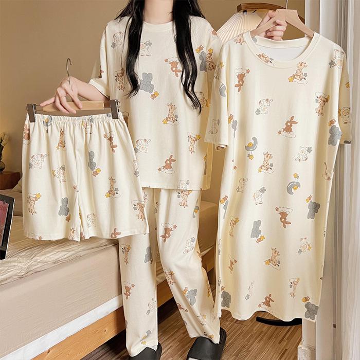 Women's Summer Cotton-Feel Short-Sleeve Nightdress & Pajama Set