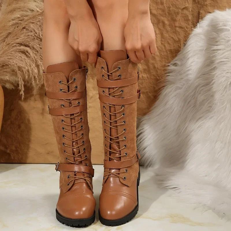 Fashion 2025 Lace-up Women's Winter Boots New Belt Buckle Cowboy Knee High Boots Women Denim Leather Goth Shoes Punk Zip Boots for Women