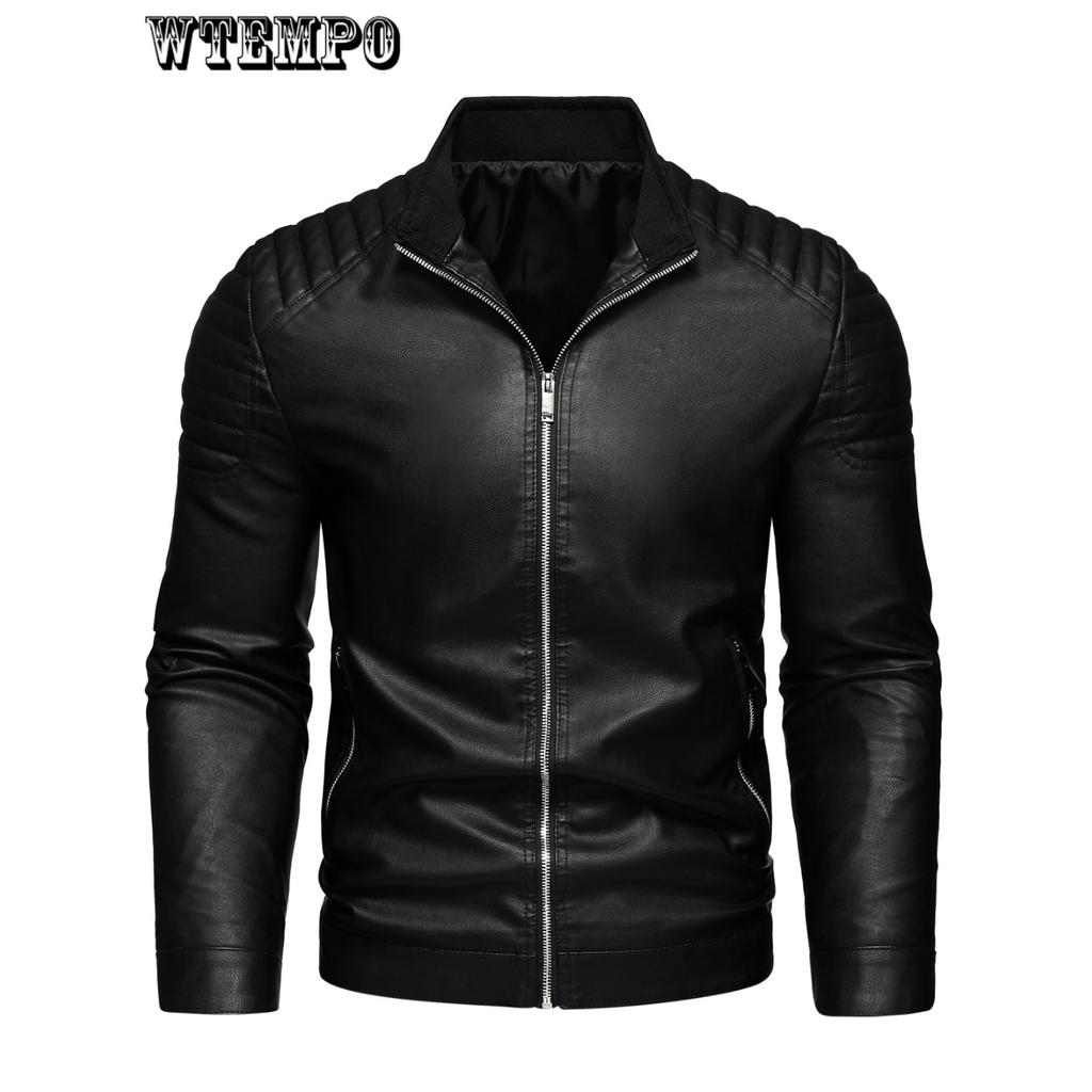 Men's Solid Zip-up PU Leather Jacket With Band Collar, Motorcycle Coat, Cool Stylish Clothing