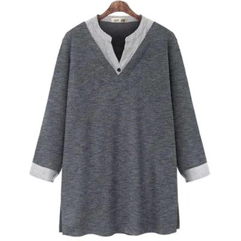 

2023 Spring Women Blouse Contrast Color Fake Two Long Sleeve GRAY 4XL(4XL)