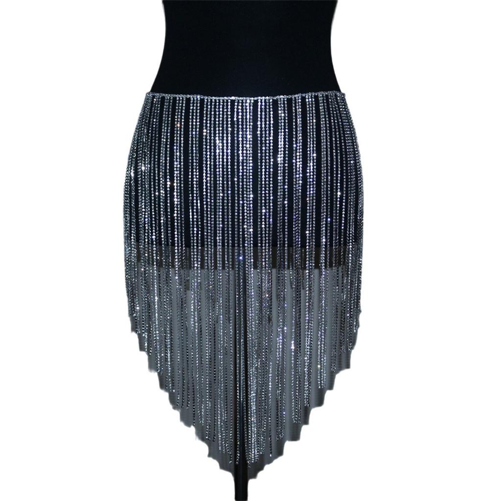Bankett Sexy Fransen BH Rock Set Glänzend Mehrschichtig Strass Bikini Körperkette Damen Körperkette