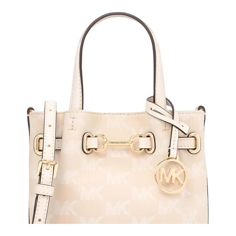 Michael Kors Carson NS Signature Brand Logo Gold Hardware Shoulder Crossbody Tote Small Women's Light Cream