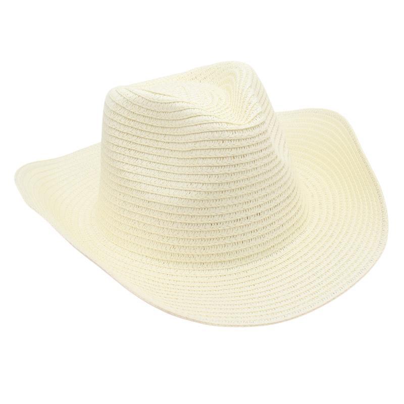 Adjustable Lightweight Wide Brim Solid Woven Panama Curled Straw Western Cowboy Visor Sun Hat With Accessories for Seaside Beach