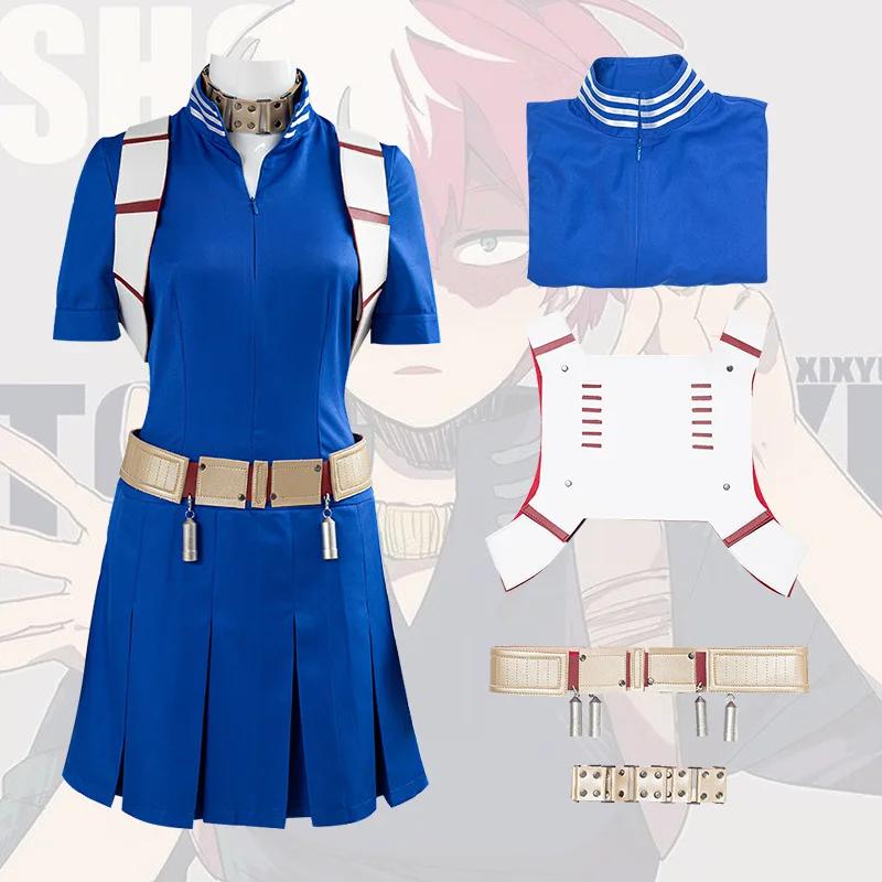 Todoroki Shoto Costume Cosplay Anime Combinaisons Bretelles Ceinture Accessoire Ensemble Perruque Fête d'Halloween Tenue de Jeu pour Femme Homme XS（old） blue
