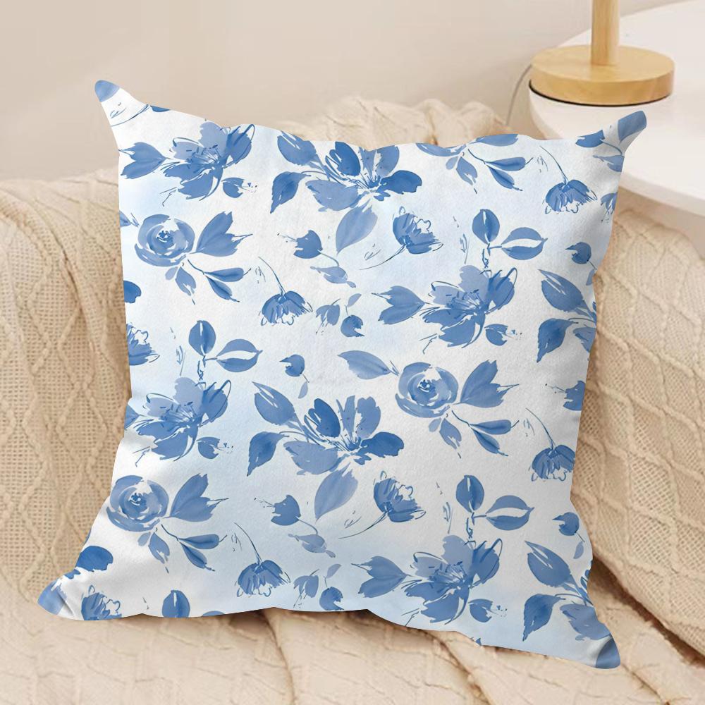 Elegant Blue Floral Cushion Cover Soft Plush Fabric DoubleSided Printed Sofa Cushion Cover for All Seasons Home Decor Gift
