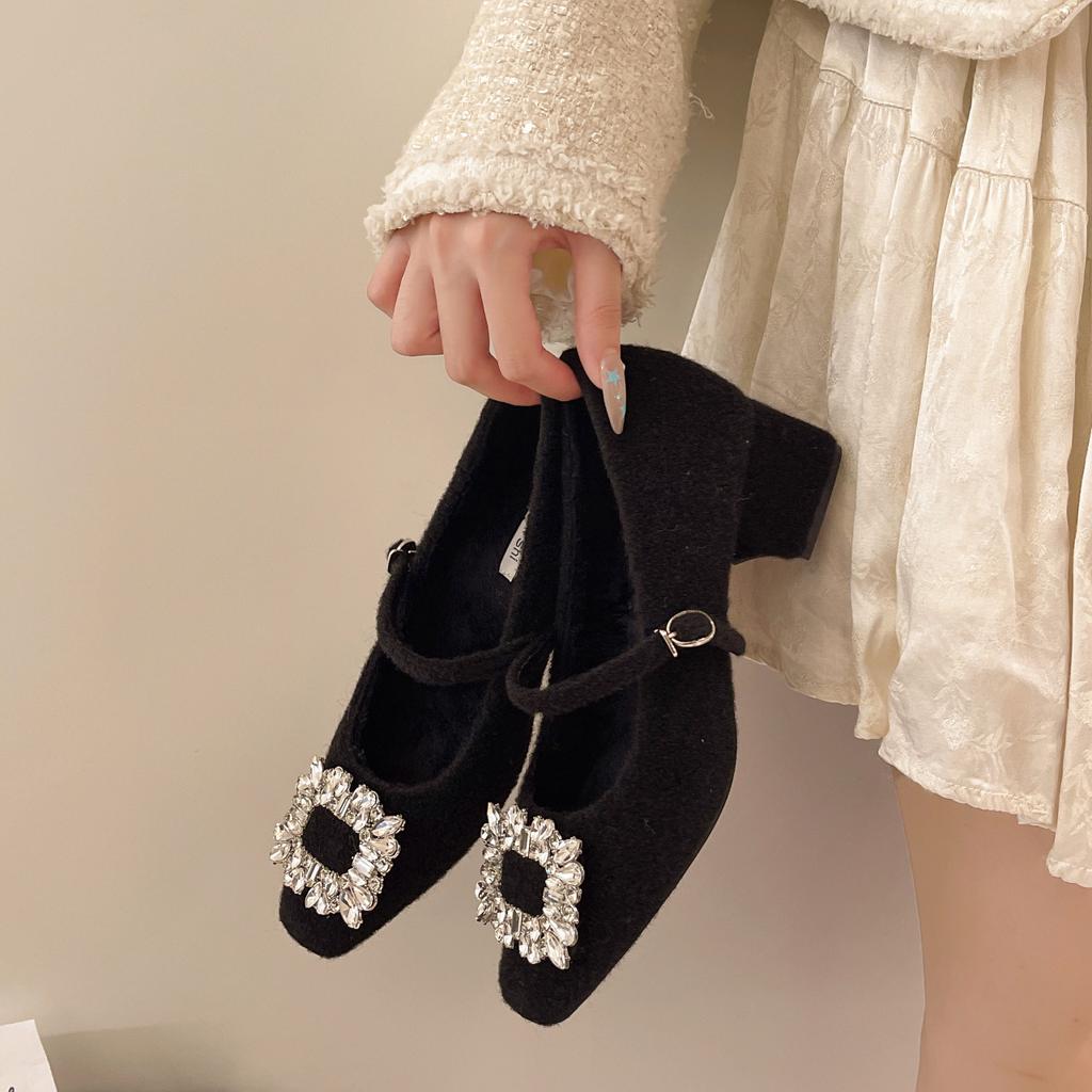[Fanfna] Small inner height increase French rhinestone square buckle velvet Mary Jane shoes women's thick heel fluffy cotton shoes