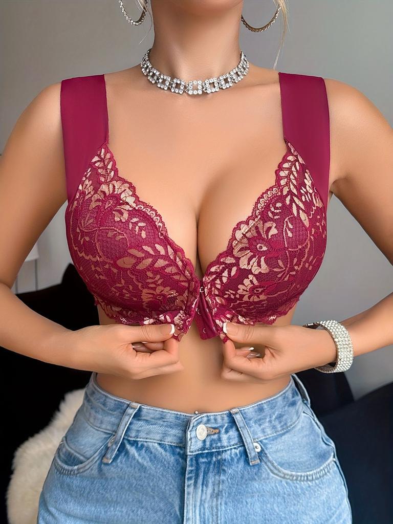 Floral Lace Front-Closure Push-Up Bra