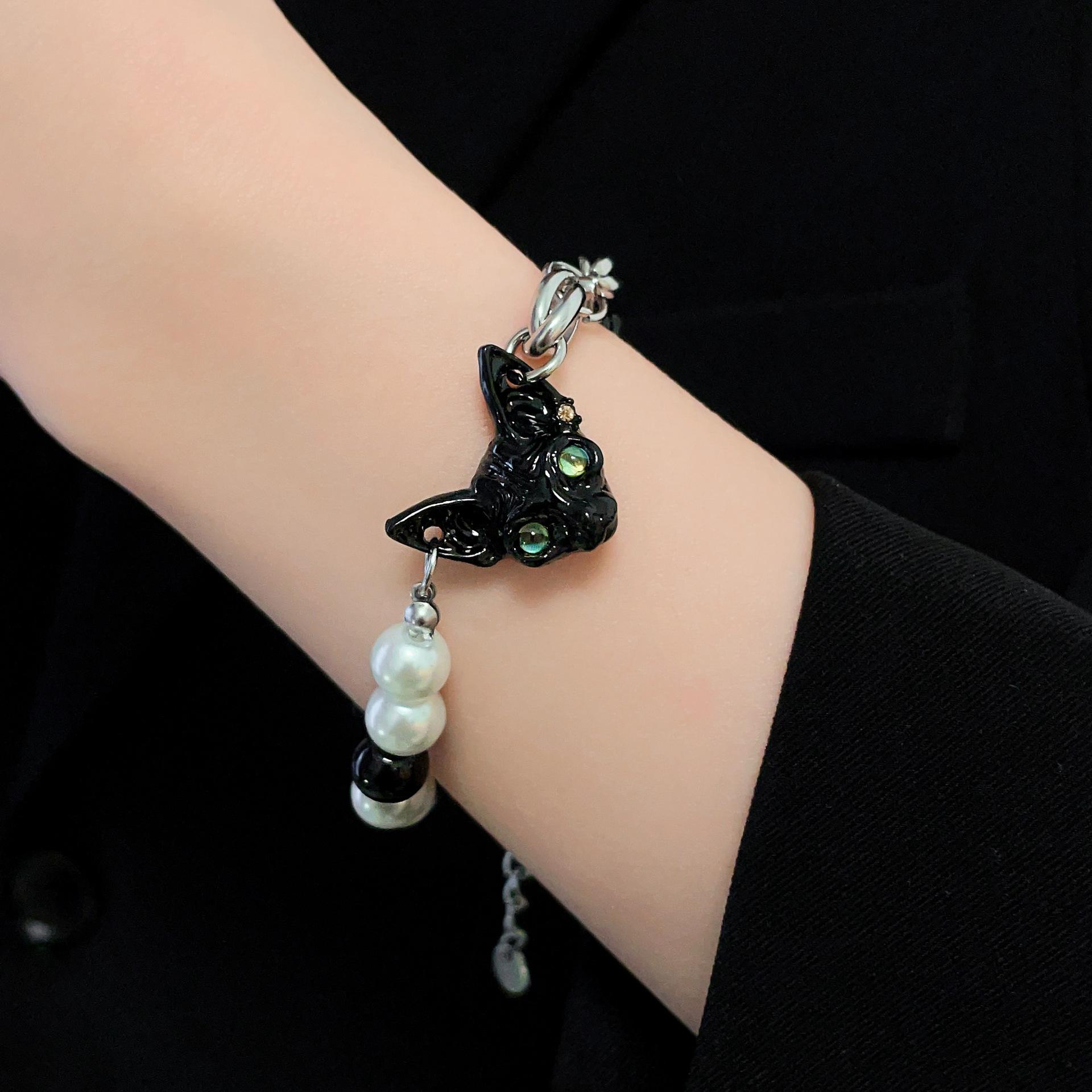 

Vintage Dark Style Black Cat Punk Bracelet for Women Men New Trend Pearl Beaded Stainless Steel Bangle Zircon Hip Hop Rock Gift