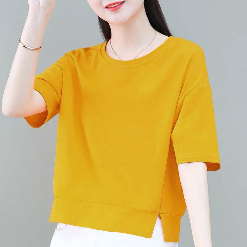 

Летний тонкий свободный однотонный чистый хлопок с короткими рукавами для женщин L жёлтый