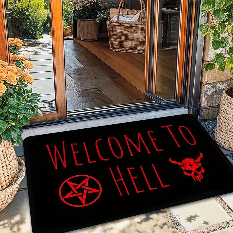 Gothic "Welcome To Hell" Rectangular Doormat, Skull & Pentagram Pattern Floor Mat, Non-Slip Washable Dark Ritual Entrance Rug