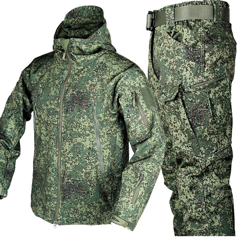 Men's Windproof Camo Sharkskin Tactical Suit with Fleece Lining for Winter Cycling and Workwear