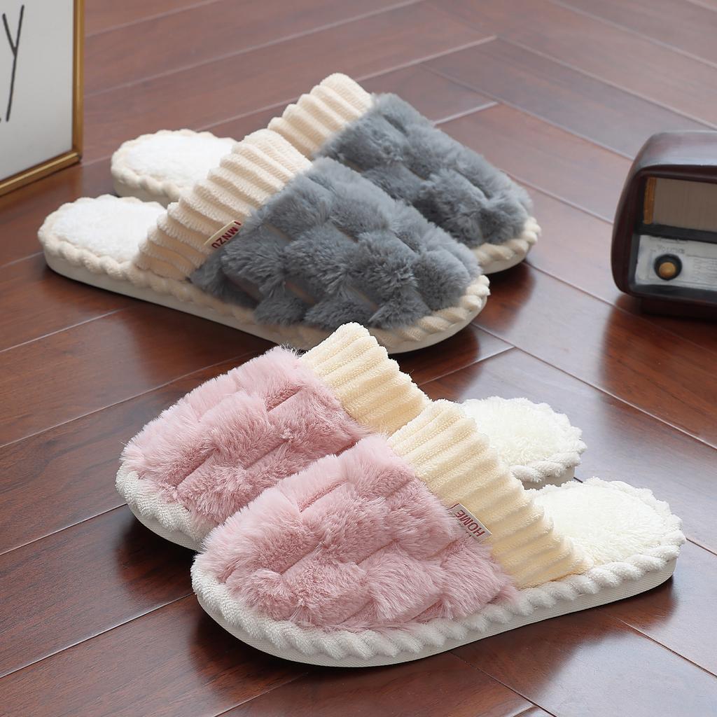 Plaid cotton slippers autumn and winter new home non-slip thick bottom indoor warm couple couple plush cotton mop