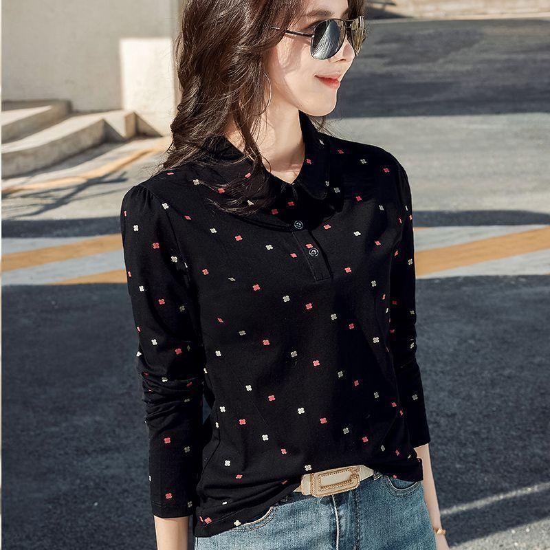 Women's Polo Neck Long Sleeve Regular Fit Top Casual Floral Print Button Down T-Shirt