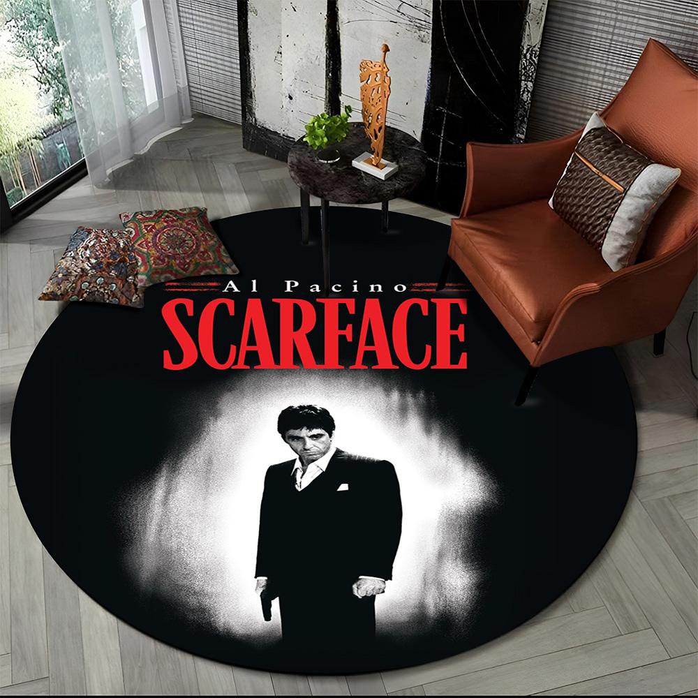 3D Tištěný Film Scarface Tony HD Kulatý Koberec pro Obývací Pokoj Ložnici Dětský Herní Koutek Dekorace, Koberec do Zvířecí Zóny Protiskluzová Podložka