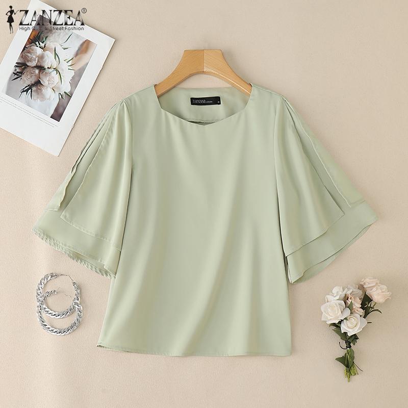 ZANZEA Dámská ležérní halenka s kulatým výstřihem, volánky a polovičním rukávem